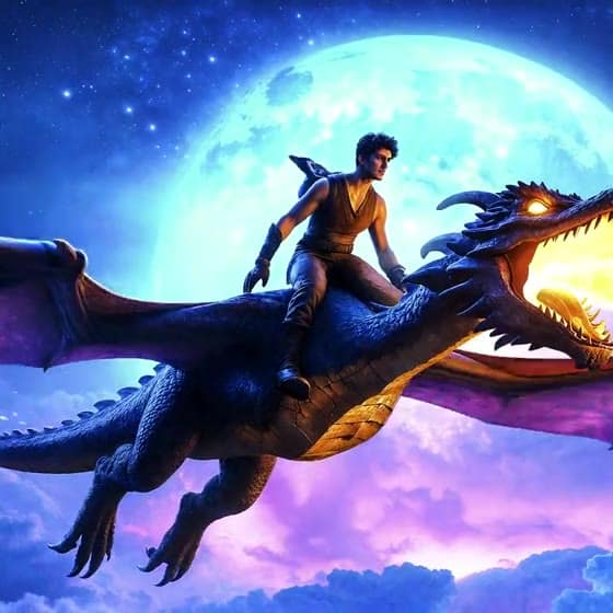 Liam O'Brien flying on his wyvern Ruki beneath the moon