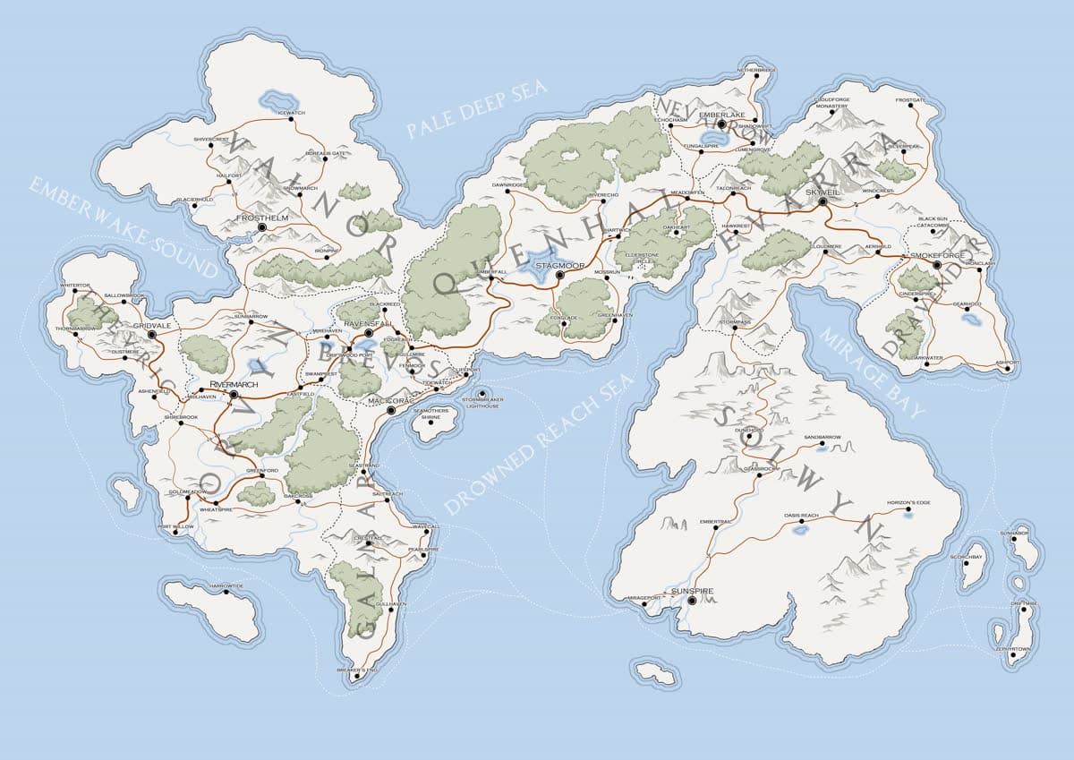 Map of Caldrith showing the ten kingdoms — Evarra, Brevos, Orvyn, Quenhal, Solwyn, Valnor, Nevarrow, Dravendor, Thevric and Galmar — around the inner sea called the Drowned Reach.